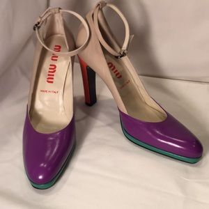Miu Miu Purple Green Pink Ankle-Strap Platform Pumps. NEVER USED